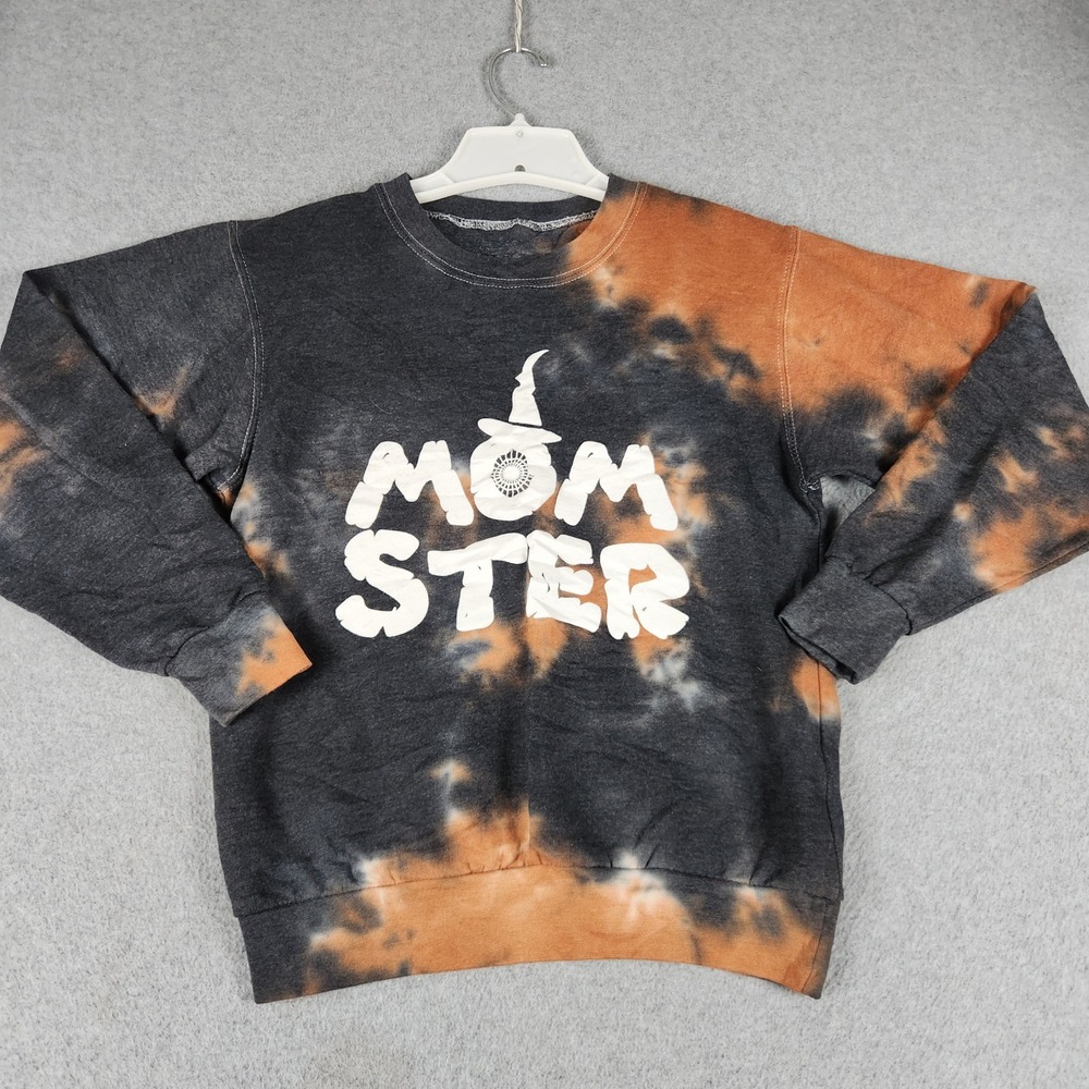 Womens Sweatshirt Small Black Orange Momster Halloween Bleach Tie Dye Pullover